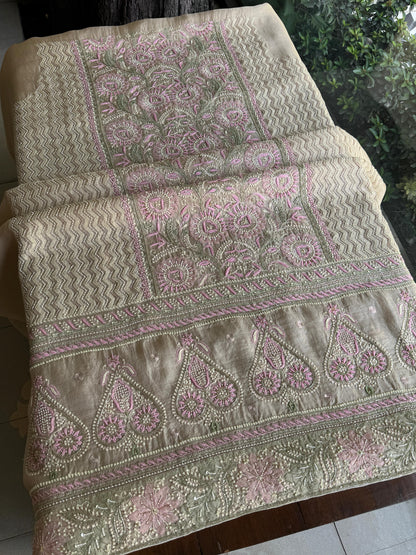 Grey Olive Organza Banarasi Silk Chikankari Unstitched Kurta Dupatta Set