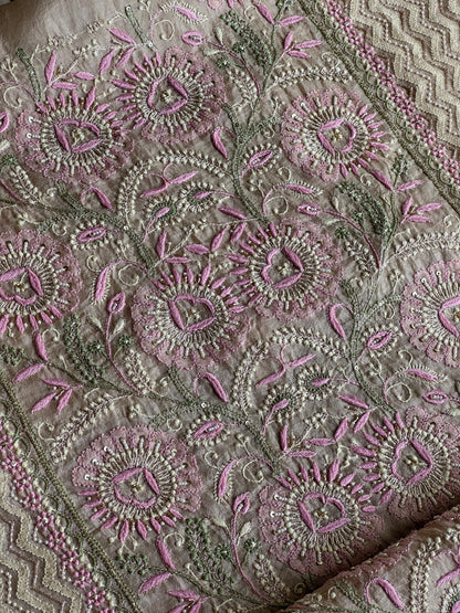 Grey Olive Organza Banarasi Silk Chikankari Unstitched Kurta Dupatta Set