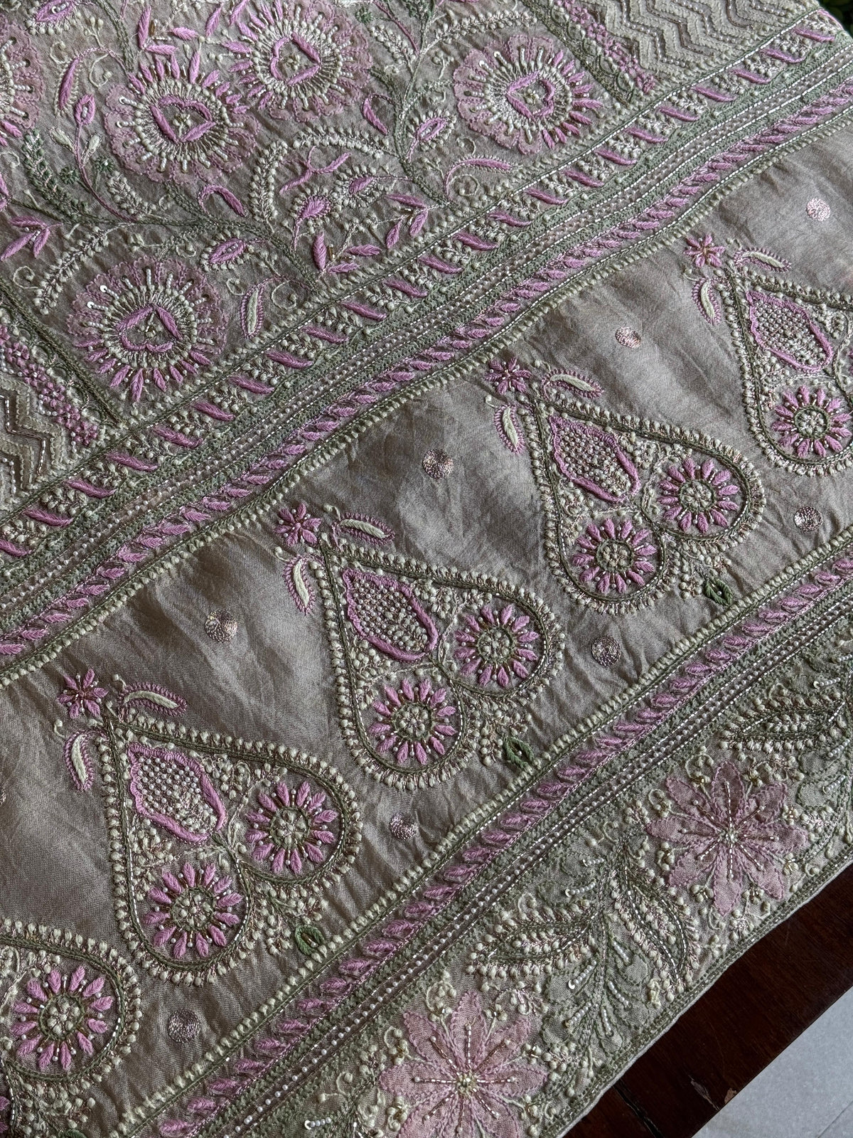 Grey Olive Organza Banarasi Silk Chikankari Unstitched Kurta Dupatta Set