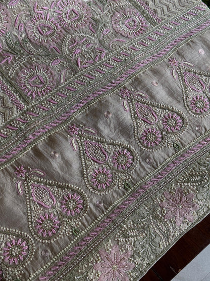 Grey Olive Organza Banarasi Silk Chikankari Unstitched Kurta Dupatta Set