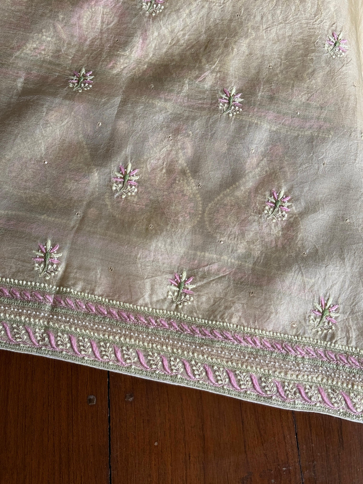 Grey Olive Organza Banarasi Silk Chikankari Unstitched Kurta Dupatta Set