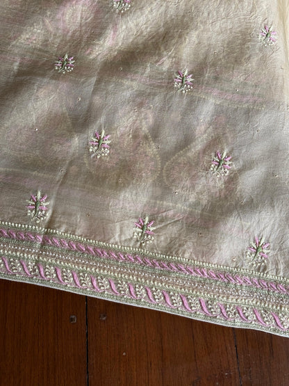Grey Olive Organza Banarasi Silk Chikankari Unstitched Kurta Dupatta Set