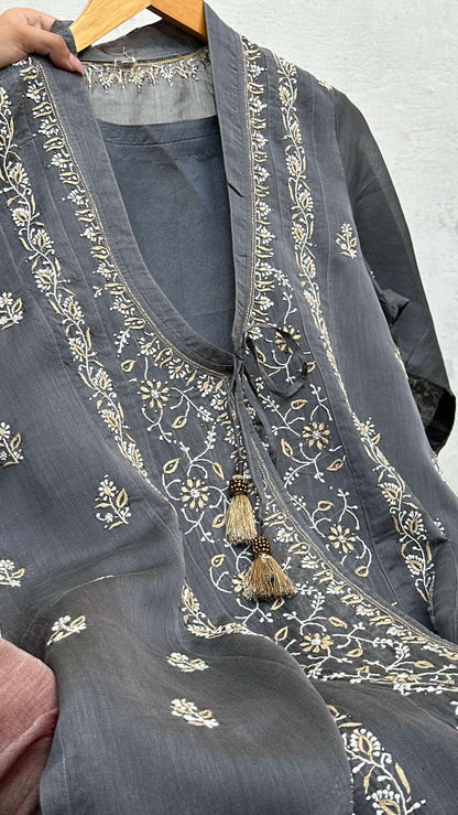 Grey SICO Mal Chikankari Kurta With Mukaish Kamdani – Ready to Wear
