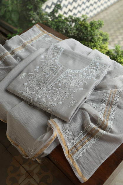 Grey Shade Mal Cotton Fine Chikankari Unstitched Fabric