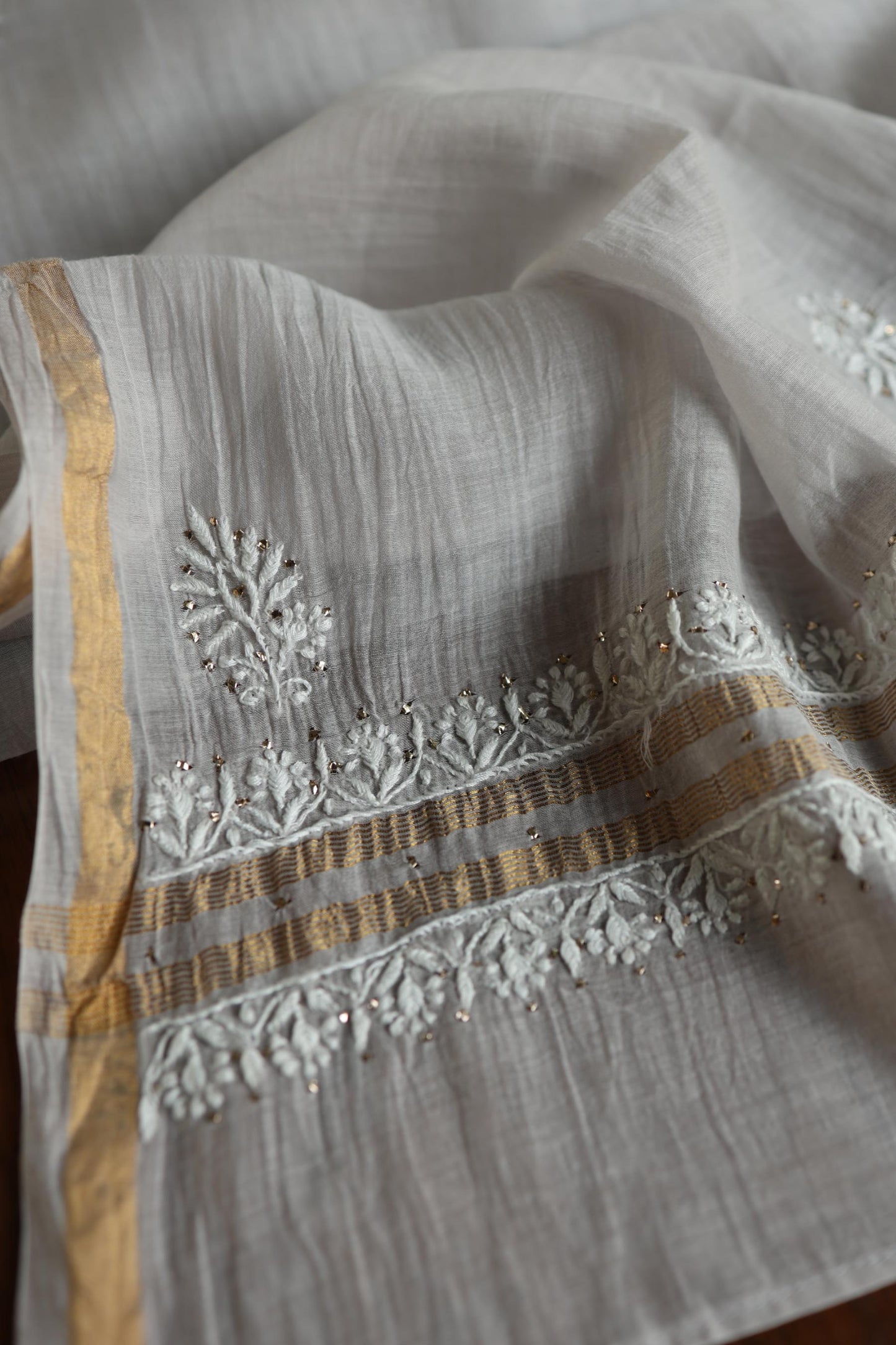 Grey Shade Mal Cotton Fine Chikankari Unstitched Fabric