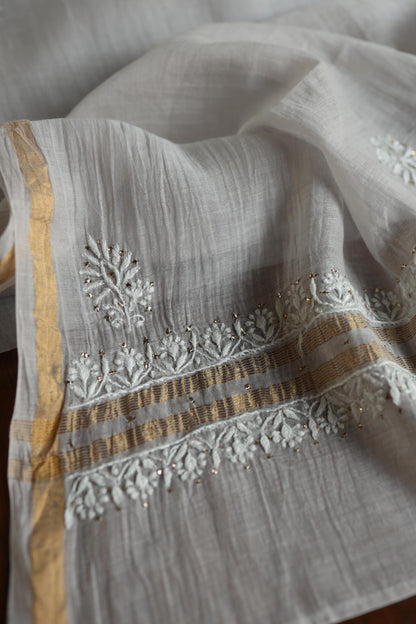 Grey Shade Mal Cotton Fine Chikankari Unstitched Fabric