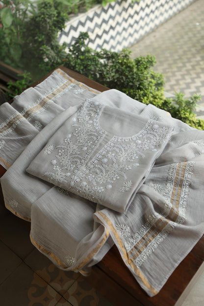 Grey Shade Mal Cotton Fine Chikankari Unstitched Fabric