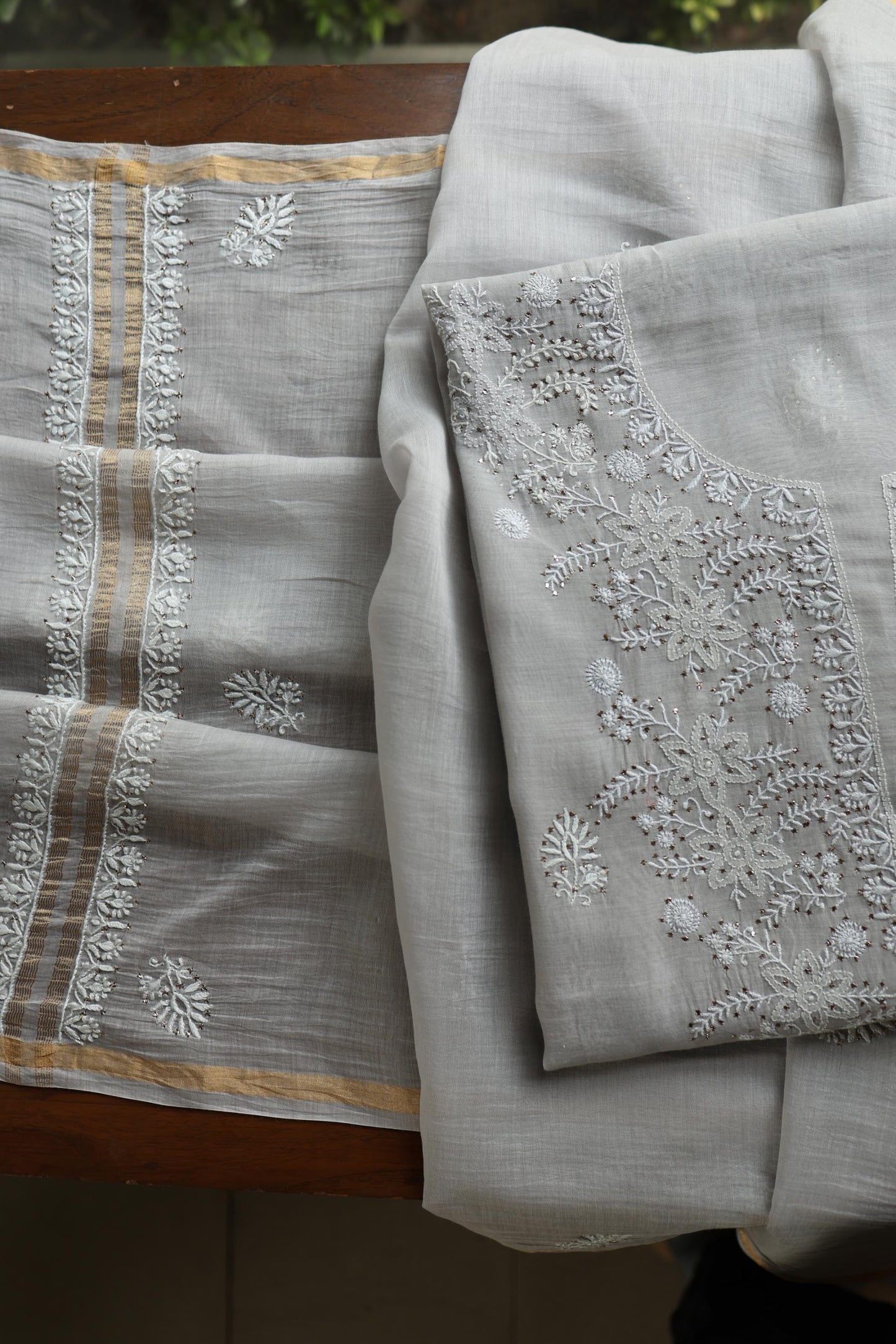 Grey Shade Mal Cotton Fine Chikankari Unstitched Fabric