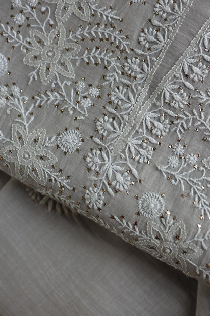 Grey Shade Mal Cotton Fine Chikankari Unstitched Fabric