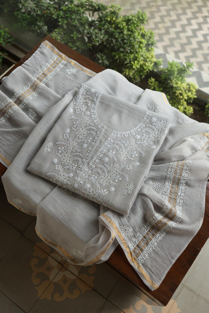 Grey Shade Mal Cotton Fine Chikankari Unstitched Fabric