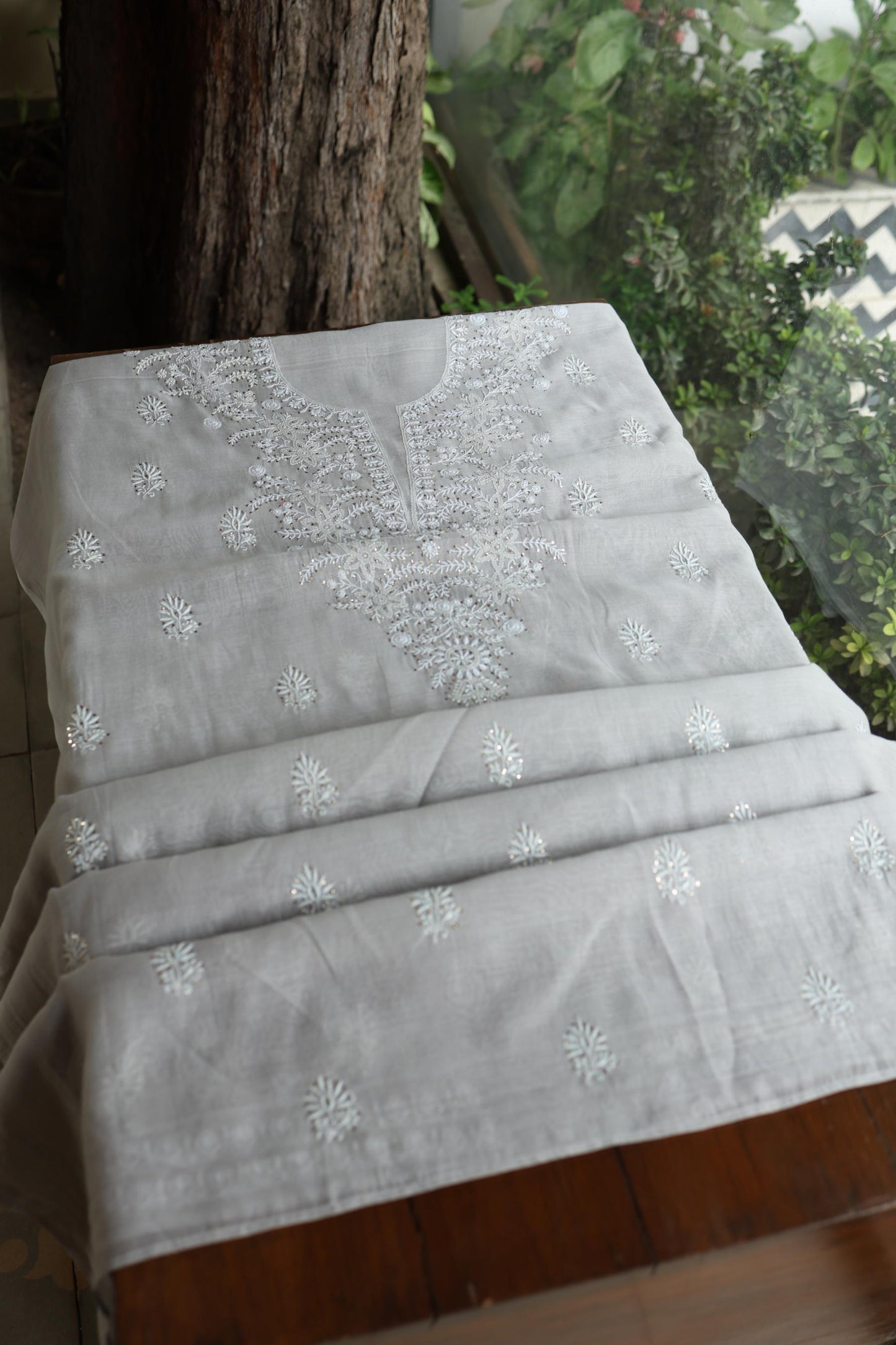 Grey Shade Mal Cotton Fine Chikankari Unstitched Fabric