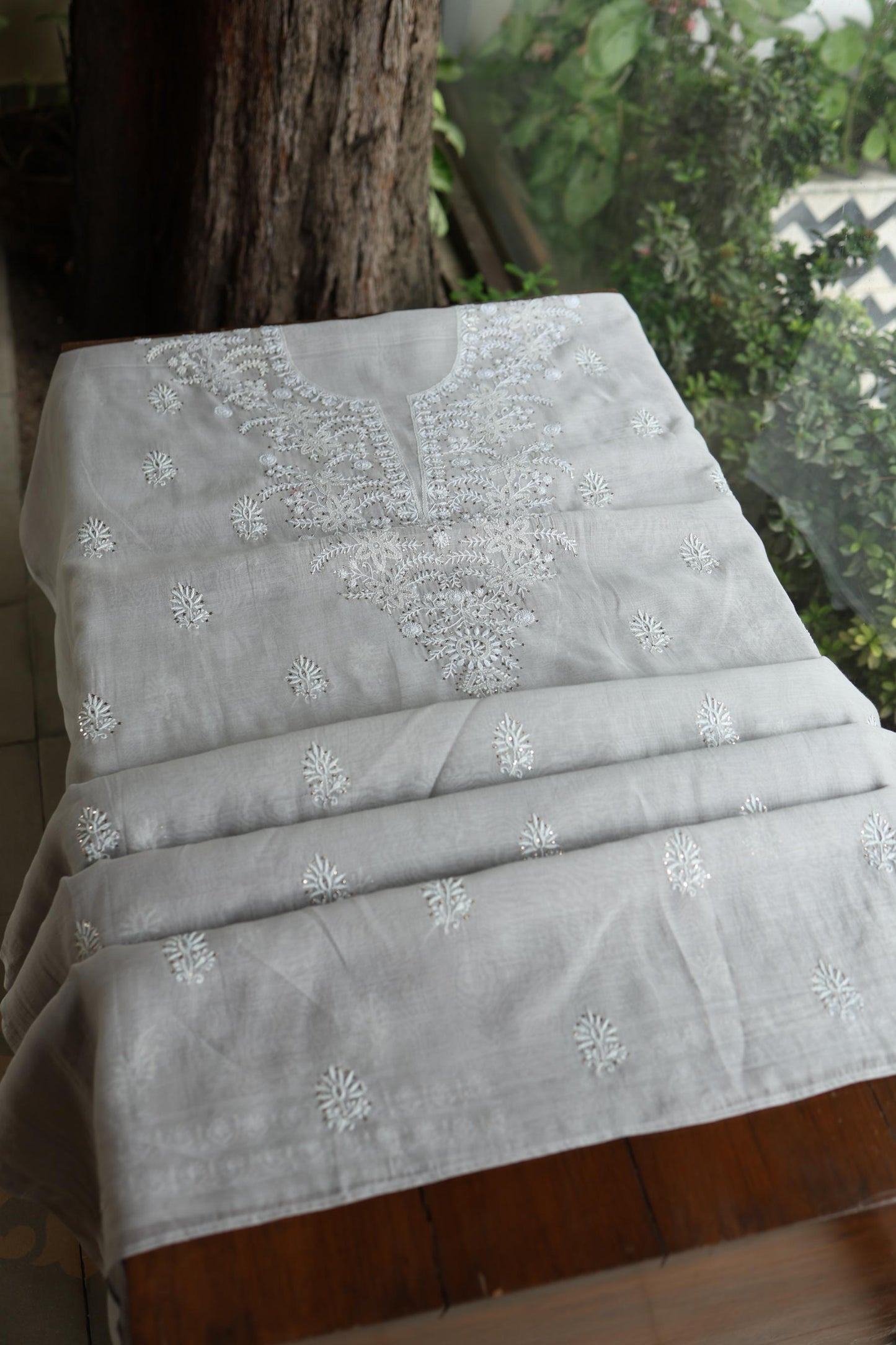 Grey Shade Mal Cotton Fine Chikankari Unstitched Fabric