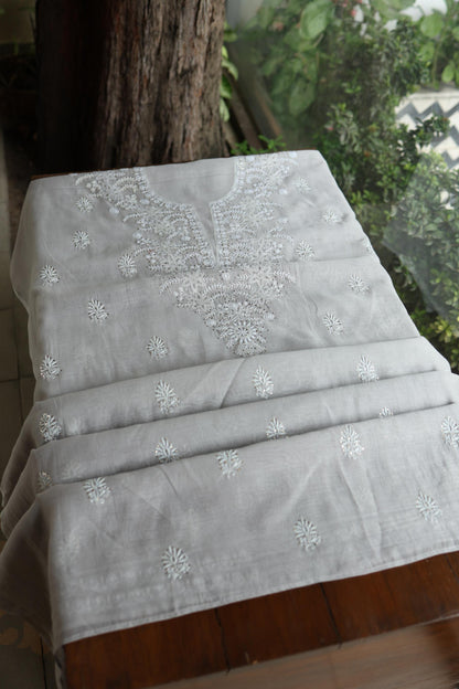 Grey Shade Mal Cotton Fine Chikankari Unstitched Fabric