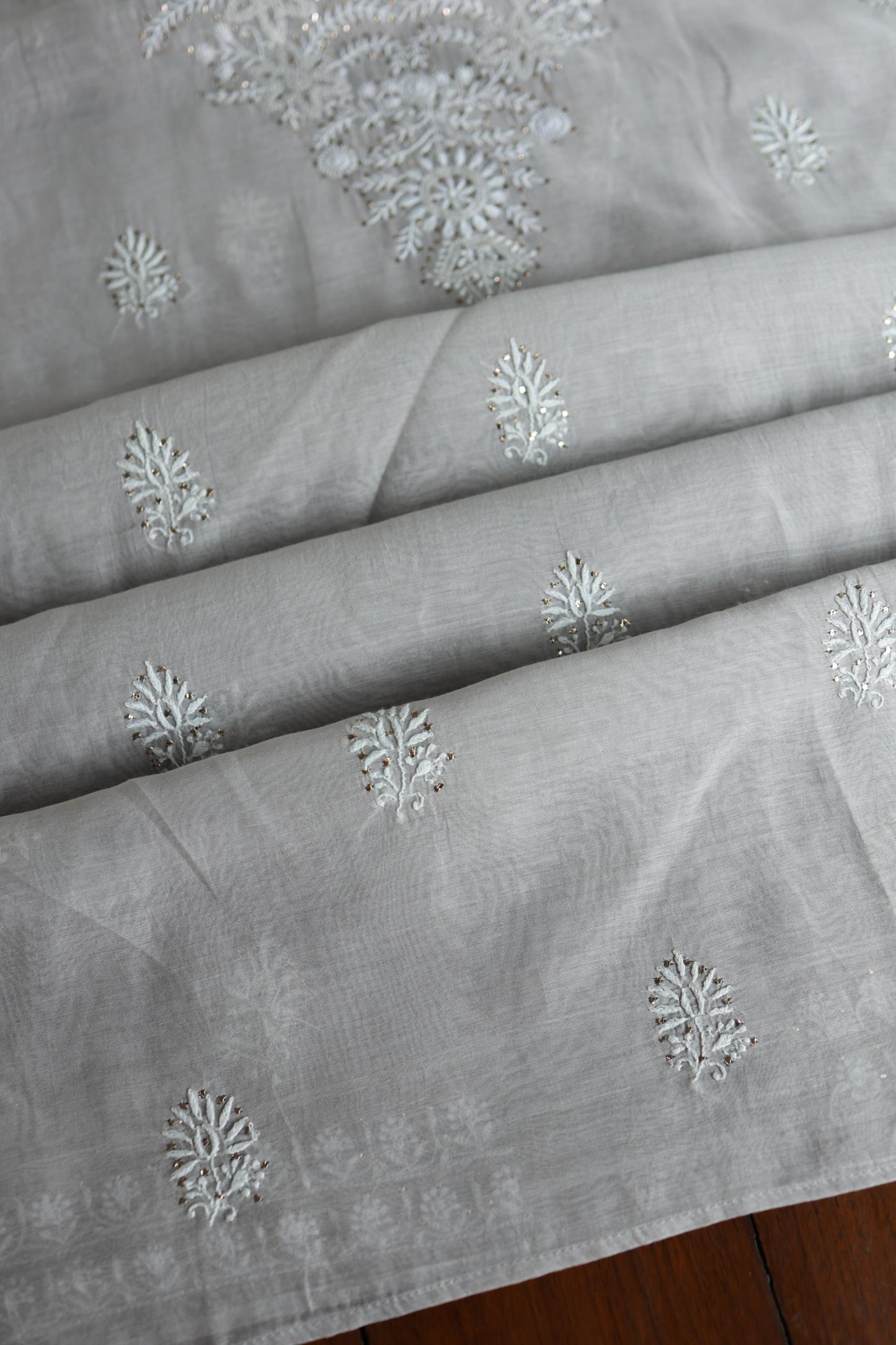 Grey Shade Mal Cotton Fine Chikankari Unstitched Fabric