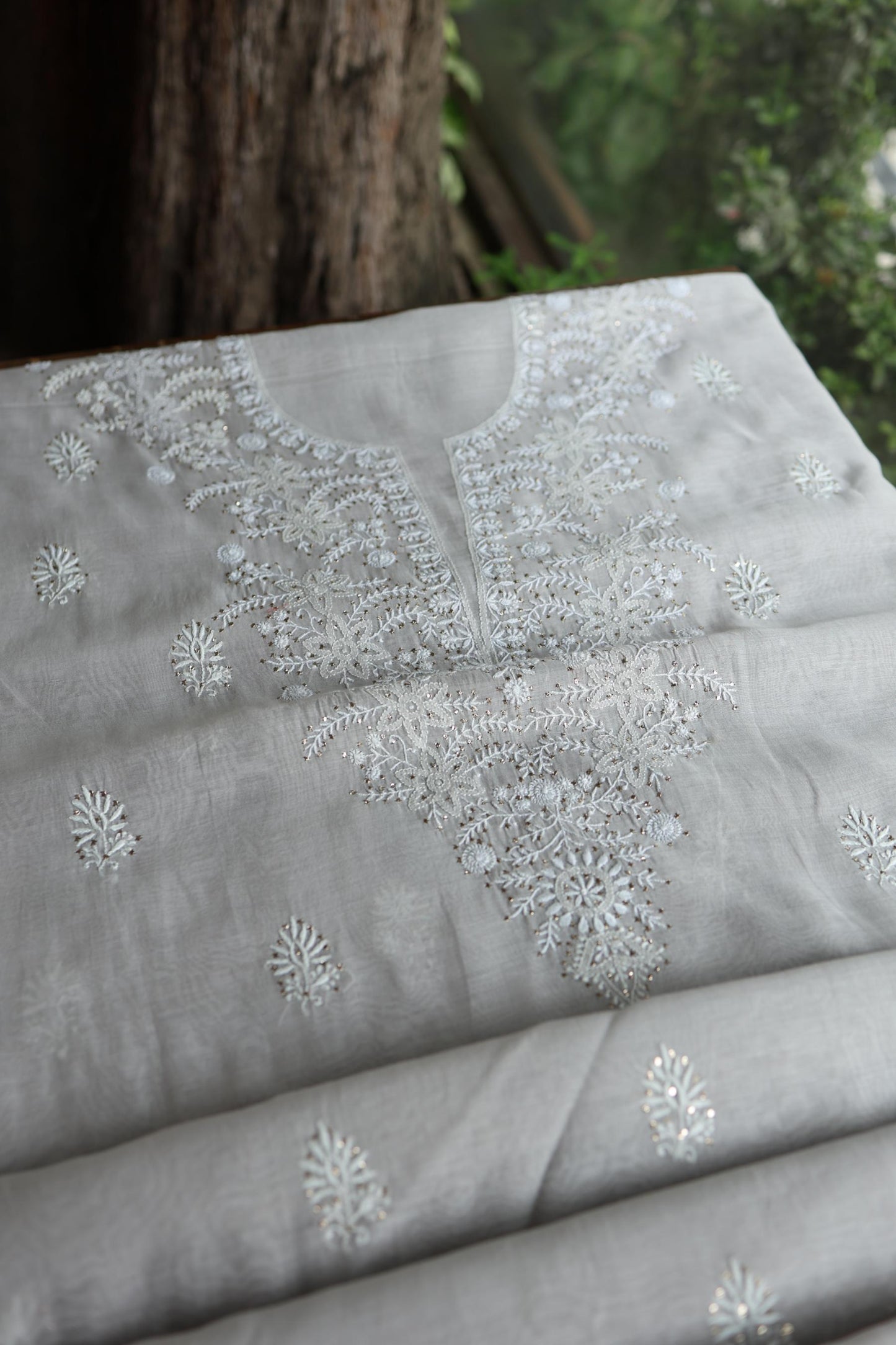 Grey Shade Mal Cotton Fine Chikankari Unstitched Fabric