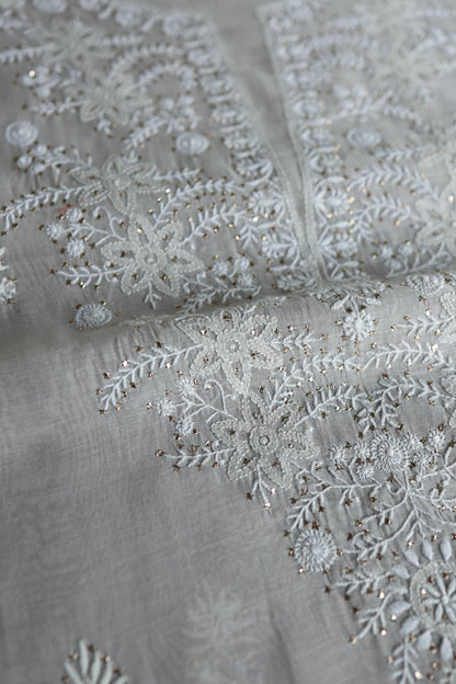 Grey Shade Mal Cotton Fine Chikankari Unstitched Fabric