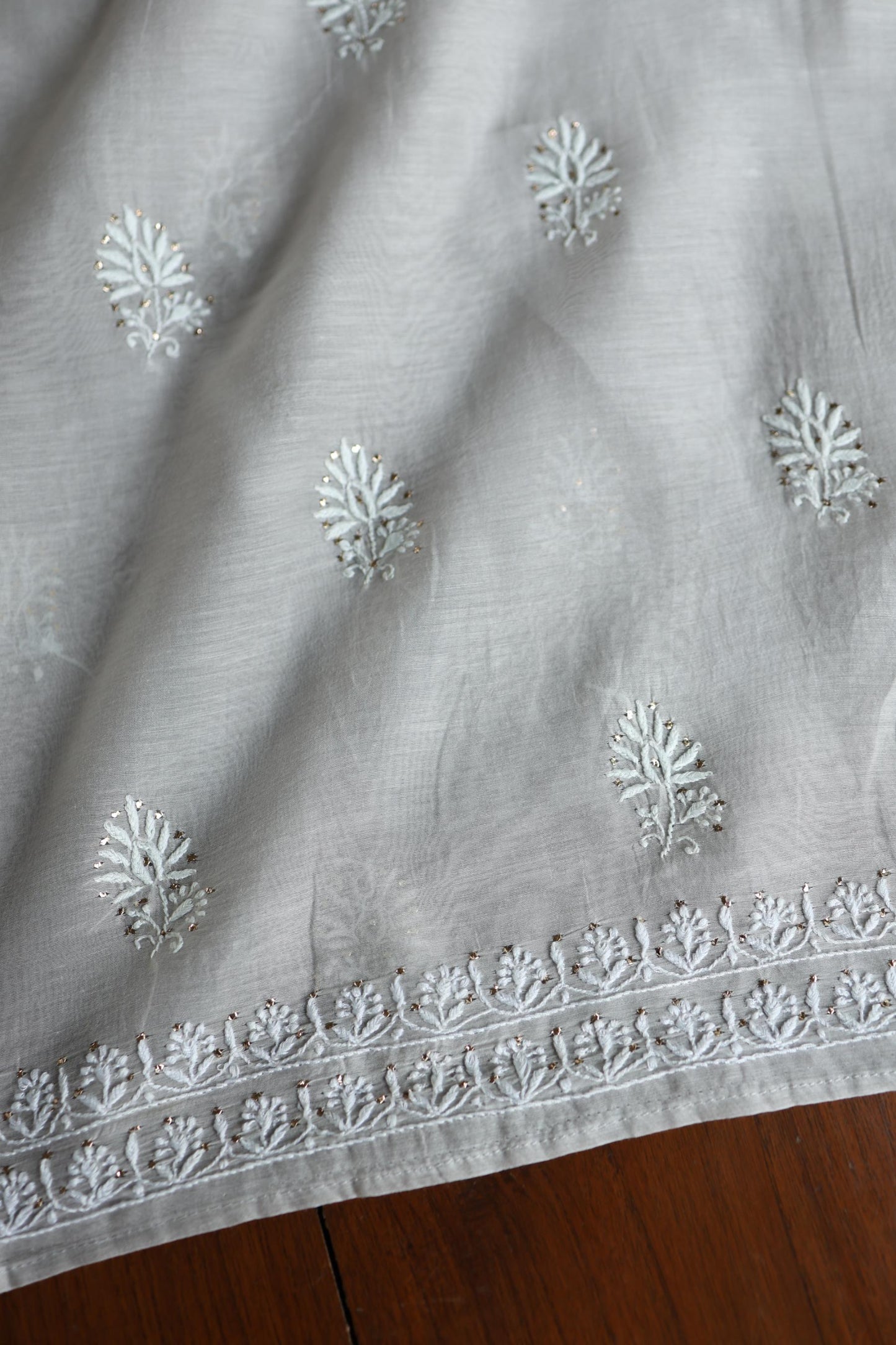 Grey Shade Mal Cotton Fine Chikankari Unstitched Fabric
