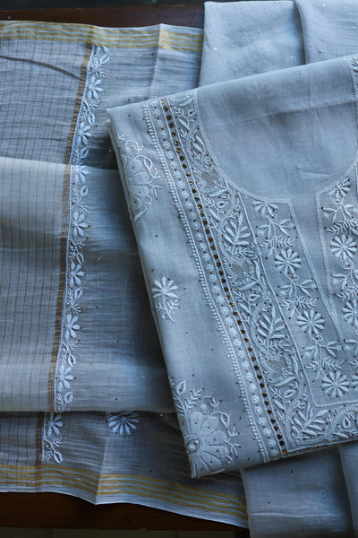 Grey Shade Mal Cotton Fine Chikankari With Kamdani Work Unstitched Fabric