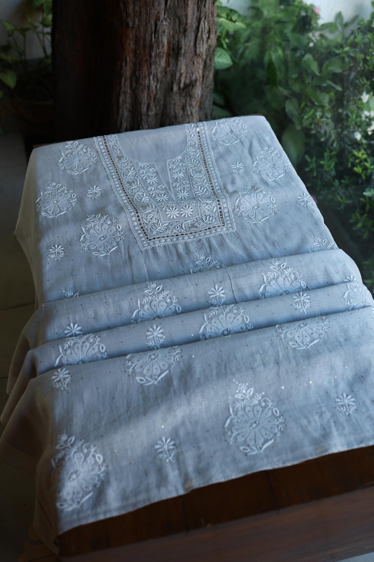 Grey Shade Mal Cotton Fine Chikankari With Kamdani Work Unstitched Fabric