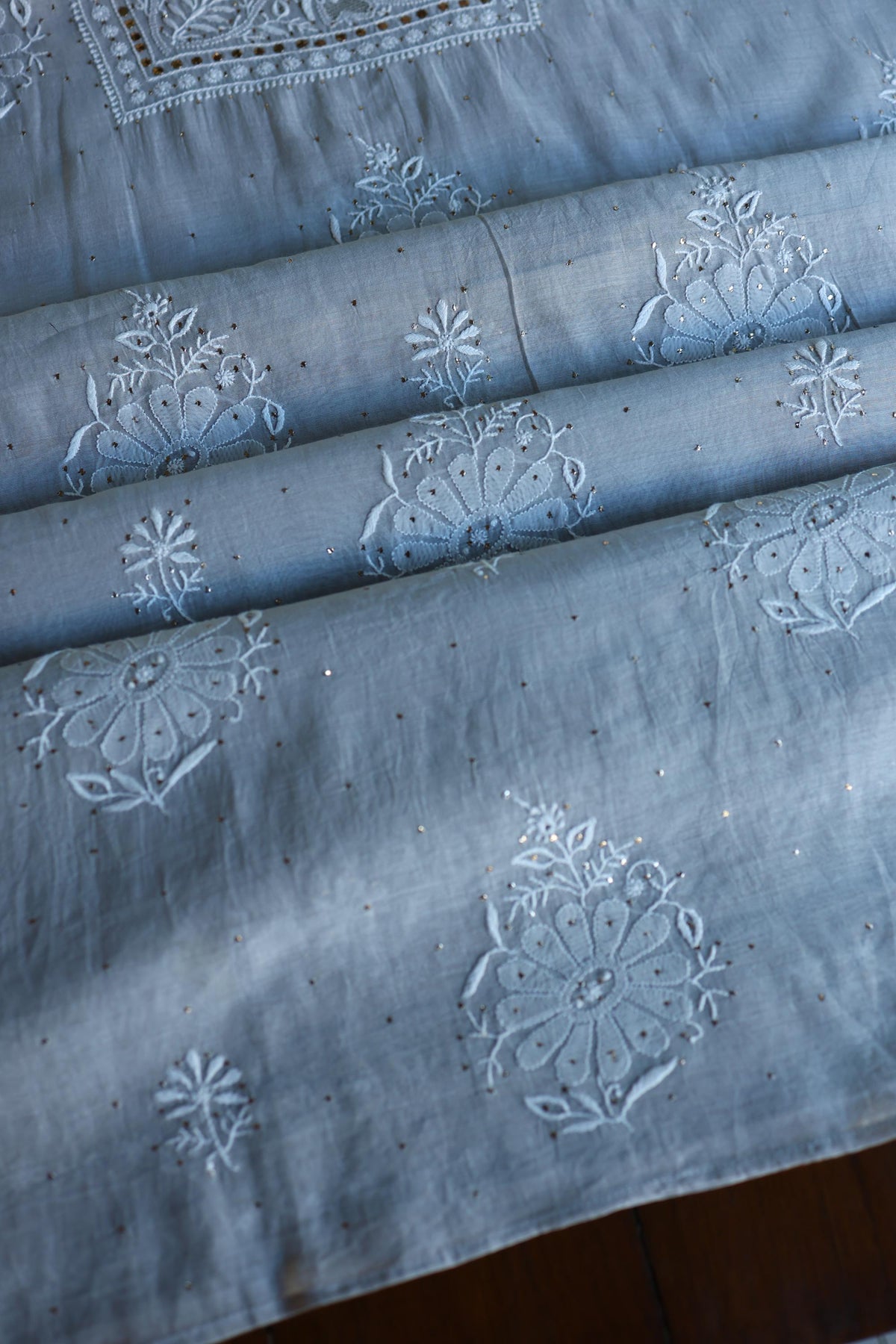 Grey Shade Mal Cotton Fine Chikankari With Kamdani Work Unstitched Fabric