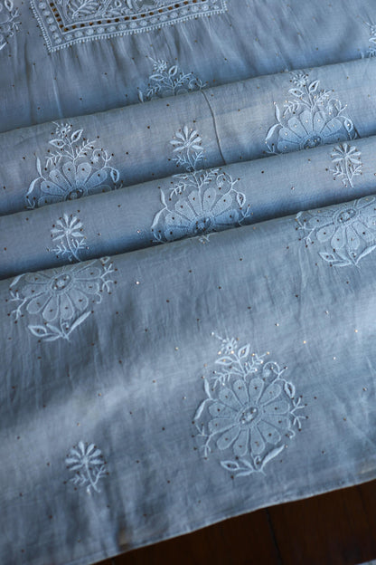 Grey Shade Mal Cotton Fine Chikankari With Kamdani Work Unstitched Fabric