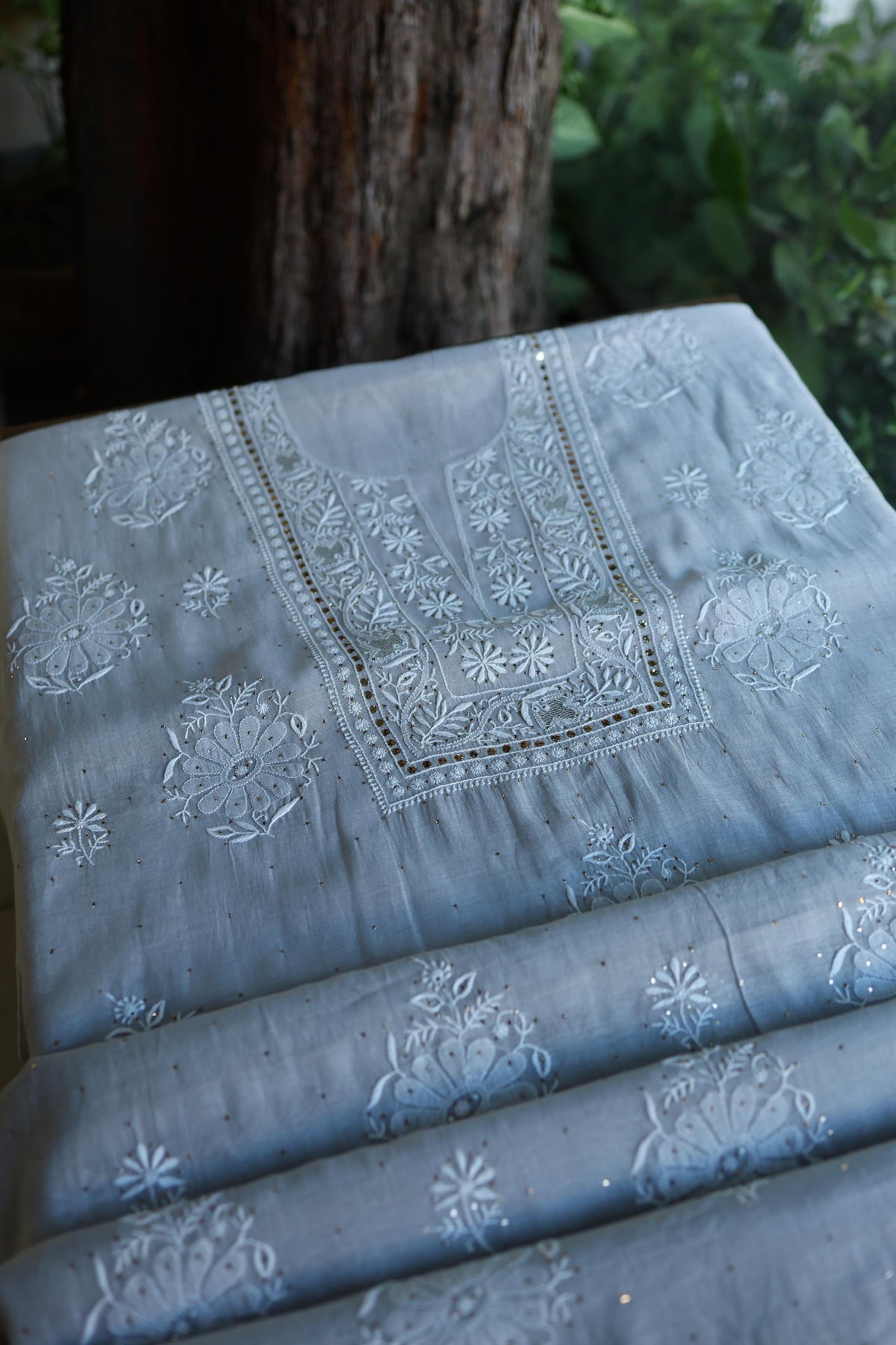 Grey Shade Mal Cotton Fine Chikankari With Kamdani Work Unstitched Fabric