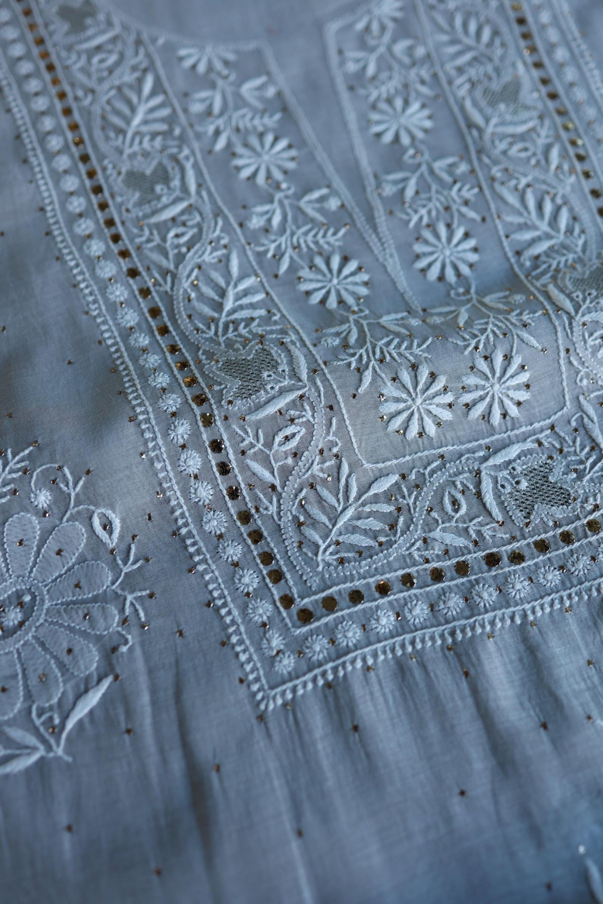 Grey Shade Mal Cotton Fine Chikankari With Kamdani Work Unstitched Fabric