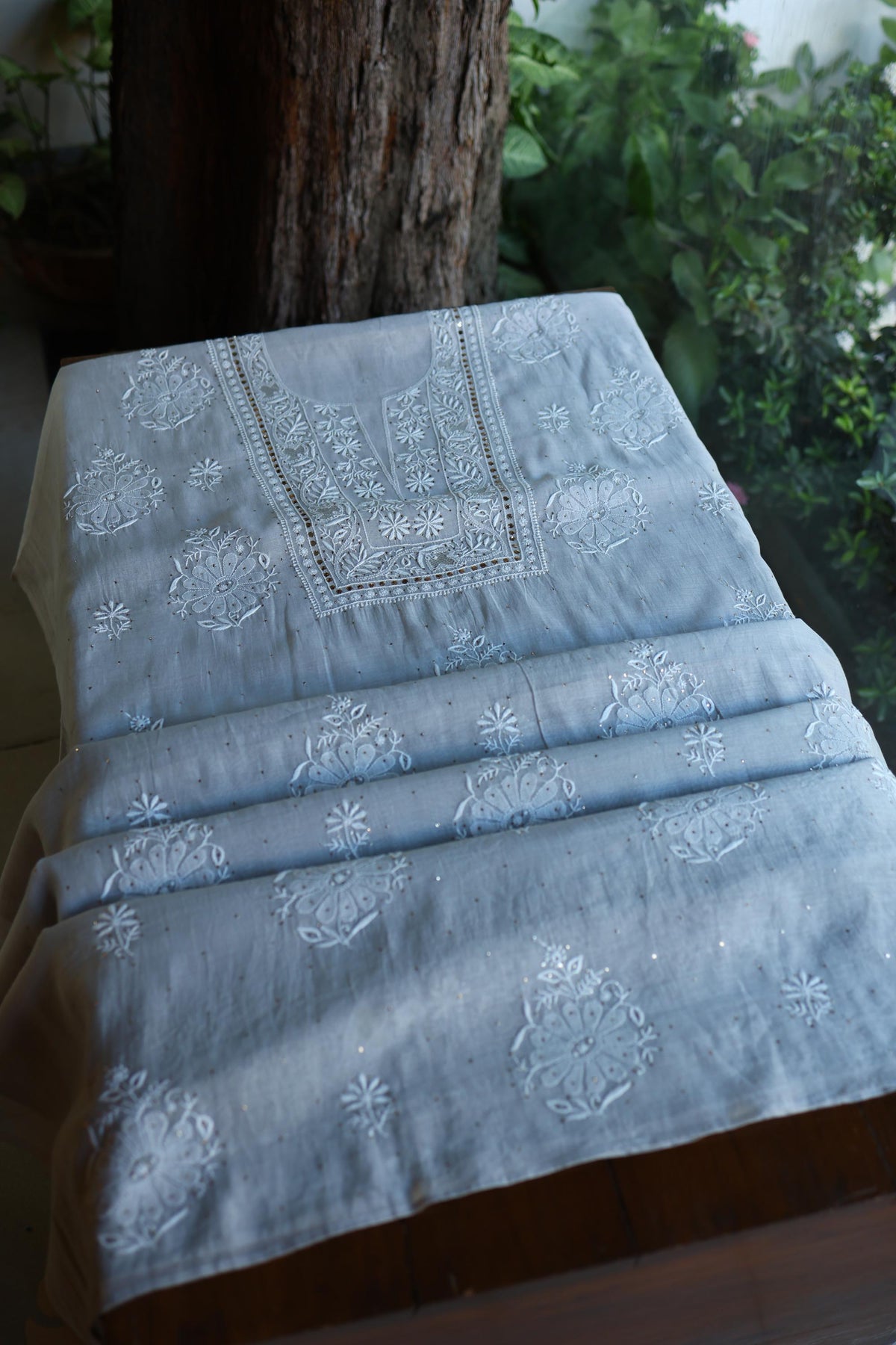 Grey Shade Mal Cotton Fine Chikankari With Kamdani Work Unstitched Fabric
