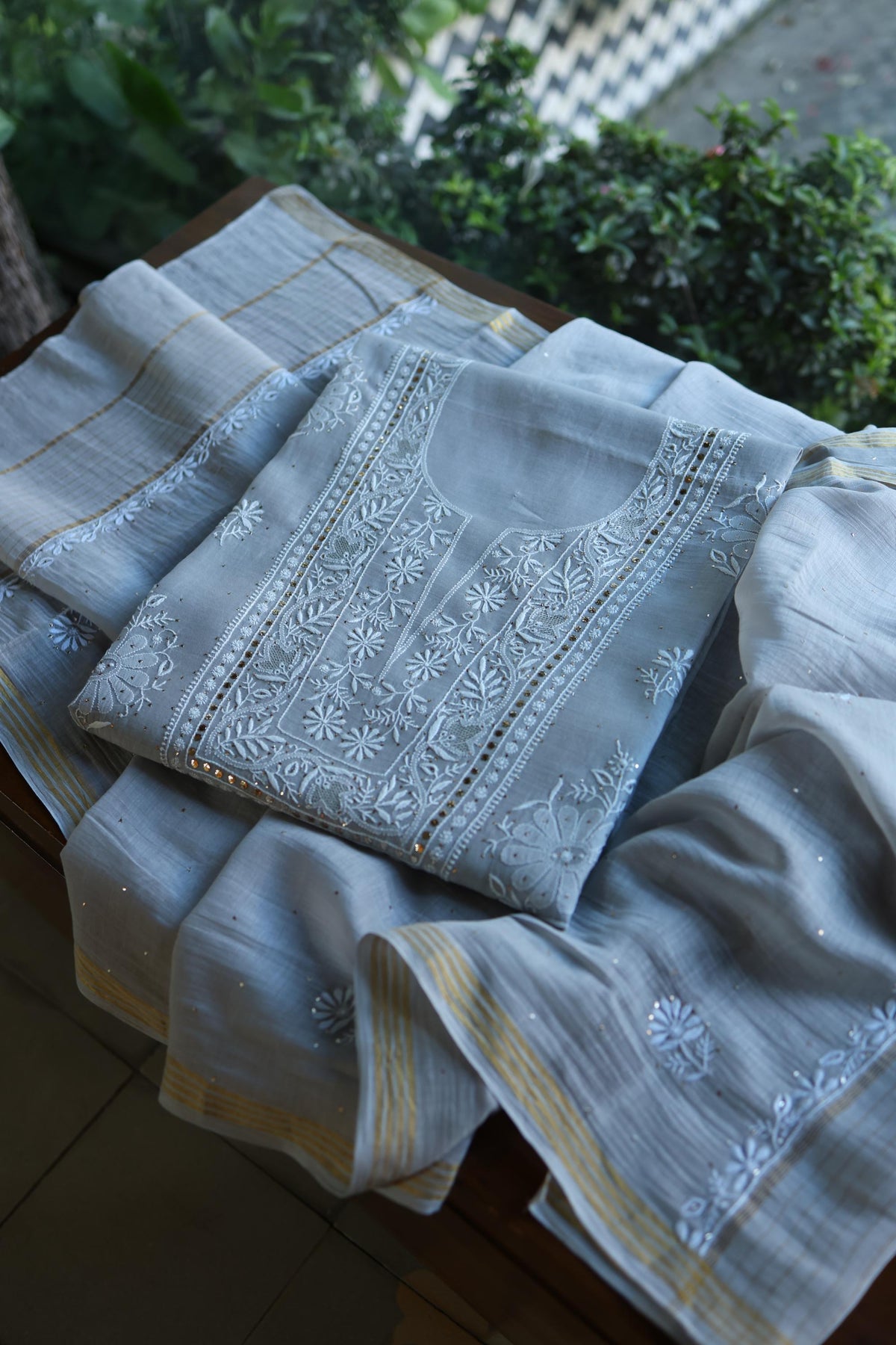 Grey Shade Mal Cotton Fine Chikankari With Kamdani Work Unstitched Fabric
