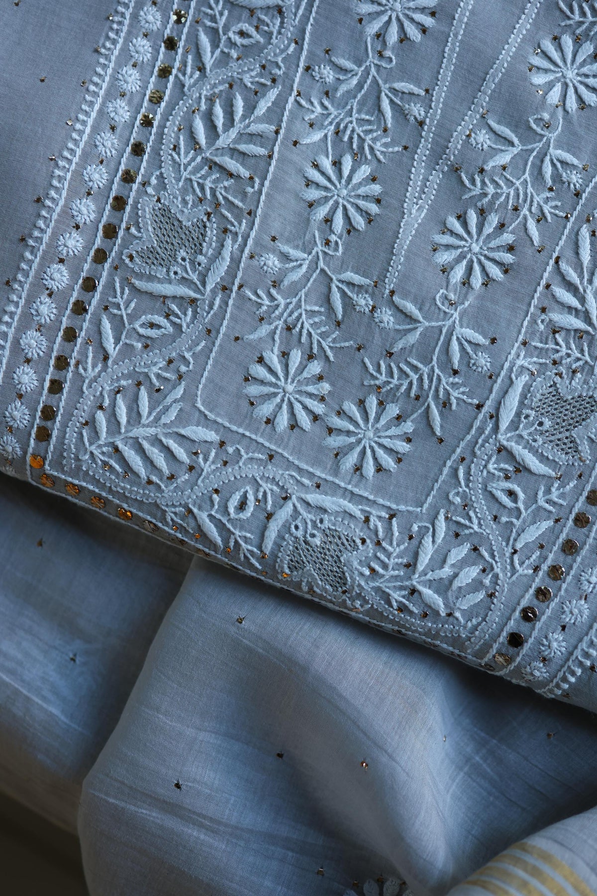 Grey Shade Mal Cotton Fine Chikankari With Kamdani Work Unstitched Fabric