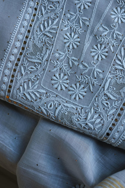 Grey Shade Mal Cotton Fine Chikankari With Kamdani Work Unstitched Fabric