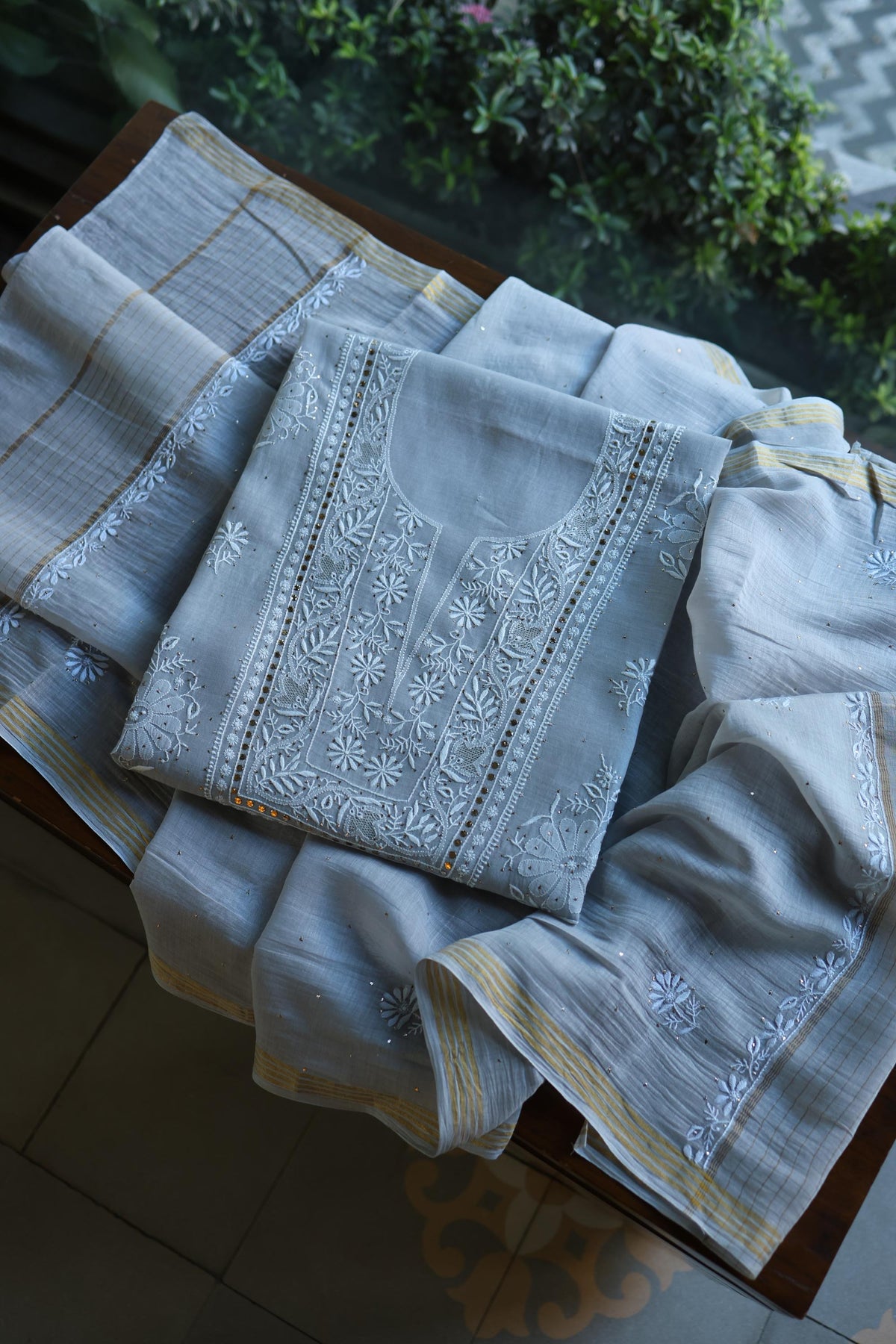Grey Shade Mal Cotton Fine Chikankari With Kamdani Work Unstitched Fabric