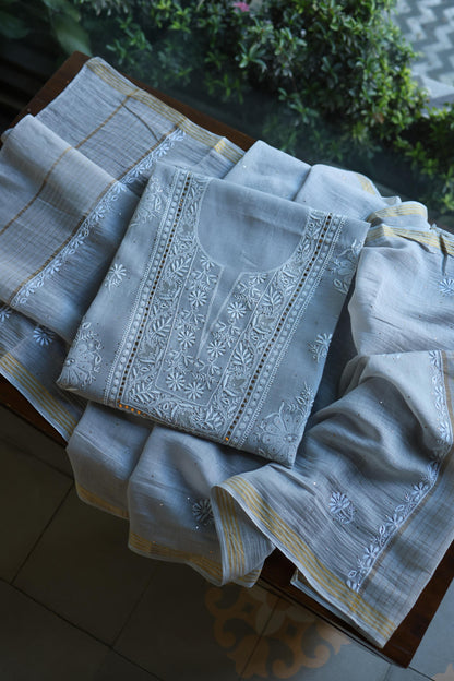 Grey Shade Mal Cotton Fine Chikankari With Kamdani Work Unstitched Fabric