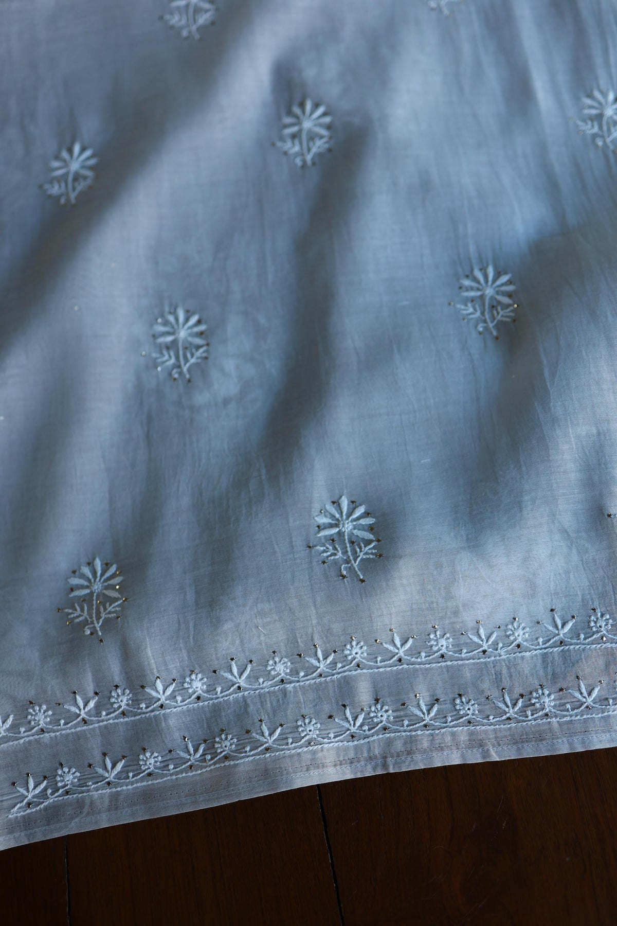 Grey Shade Mal Cotton Fine Chikankari With Kamdani Work Unstitched Fabric