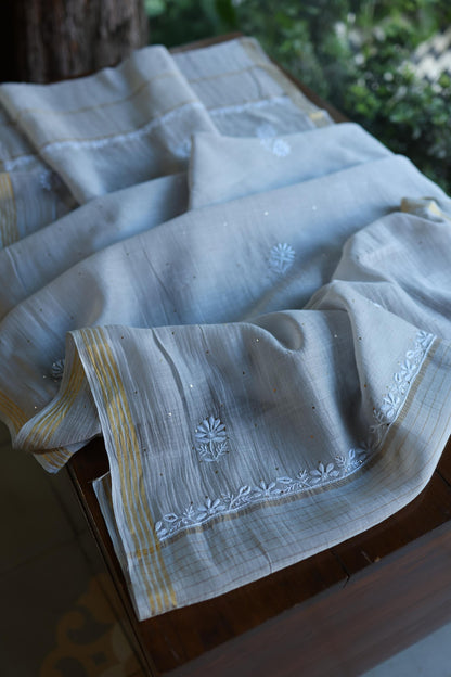 Grey Shade Mal Cotton Fine Chikankari With Kamdani Work Unstitched Fabric