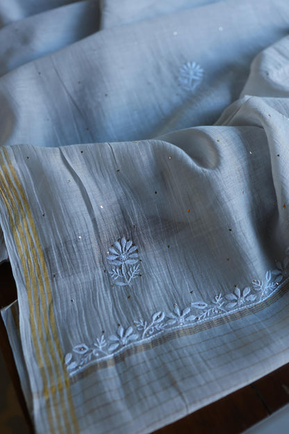 Grey Shade Mal Cotton Fine Chikankari With Kamdani Work Unstitched Fabric