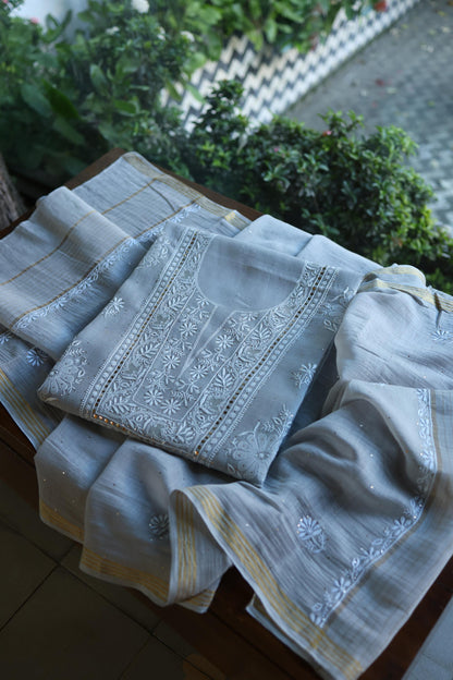 Grey Shade Mal Cotton Fine Chikankari With Kamdani Work Unstitched Fabric