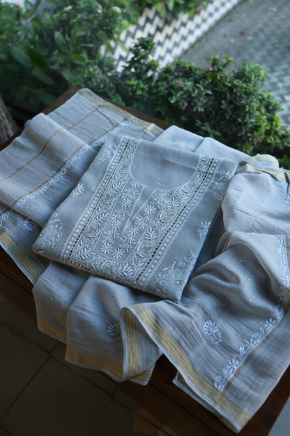 Grey Shade Mal Cotton Fine Chikankari With Kamdani Work Unstitched Fabric