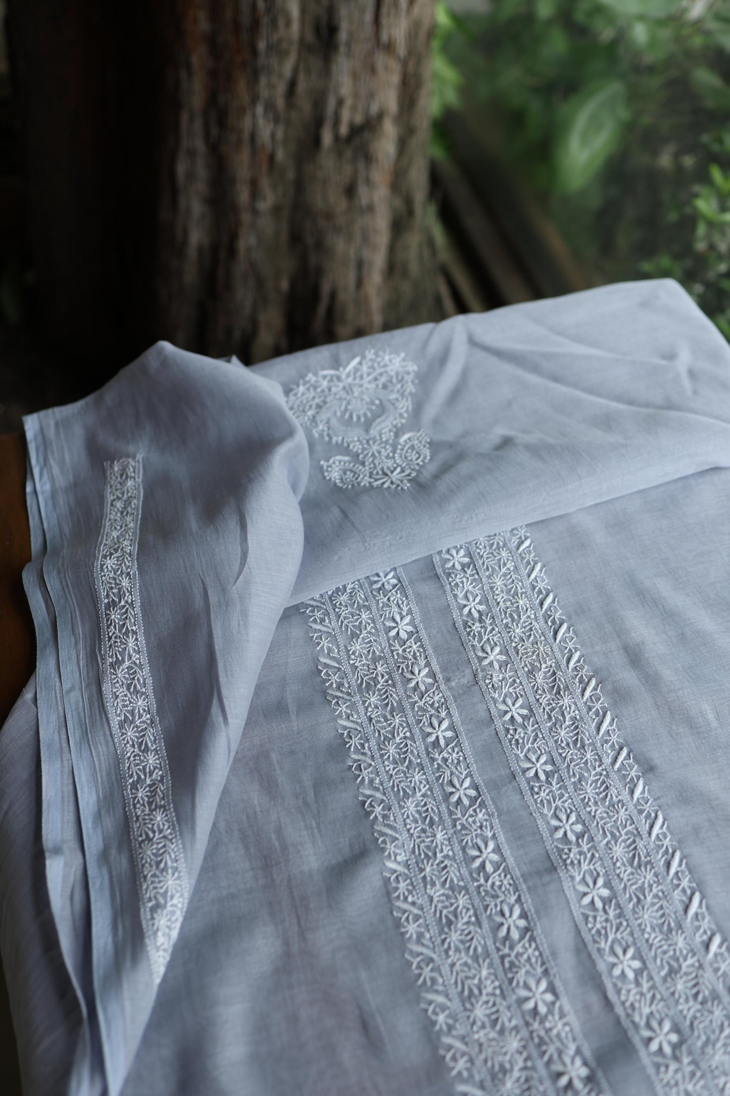 Grey Shade Mulmul Chikankari Unstitched Men's Kurtas Fabric