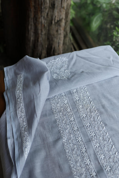 Grey Shade Mulmul Chikankari Unstitched Men's Kurtas Fabric