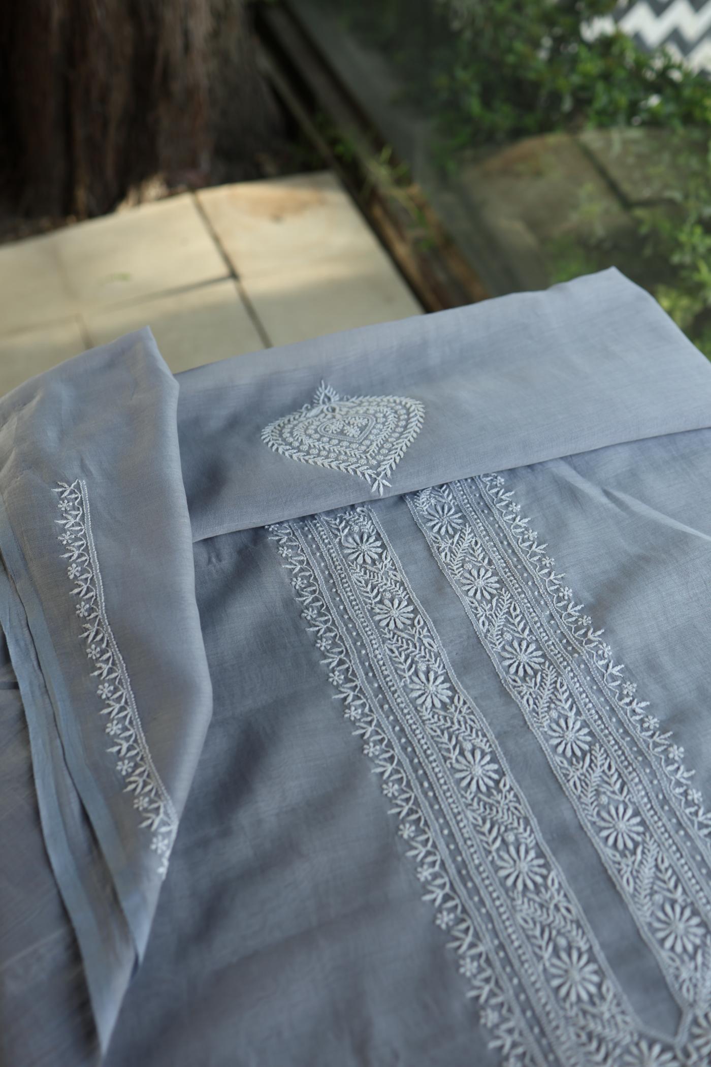 Grey Shade Mulmul Chikankari Unstitched Men's Kurtas Fabric