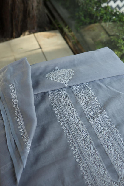 Grey Shade Mulmul Chikankari Unstitched Men's Kurtas Fabric
