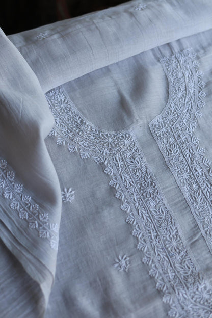 Grey Shade Mulmul Chikankari Unstitched Men's Kurtas Fabric