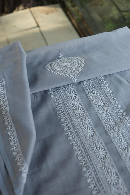 Grey Shade Mulmul Chikankari Unstitched Men's Kurtas Fabric