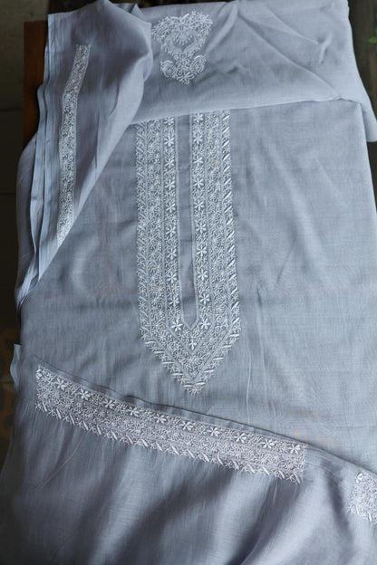Grey Shade Mulmul Chikankari Unstitched Men's Kurtas Fabric