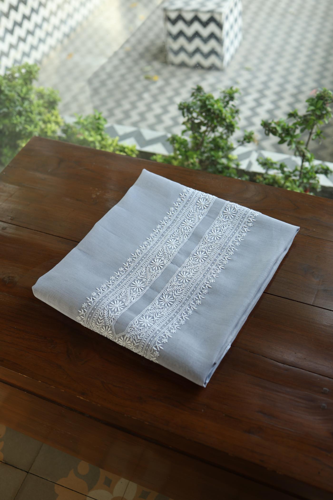 Grey Shade Mulmul Chikankari Unstitched Men's Kurtas Fabric