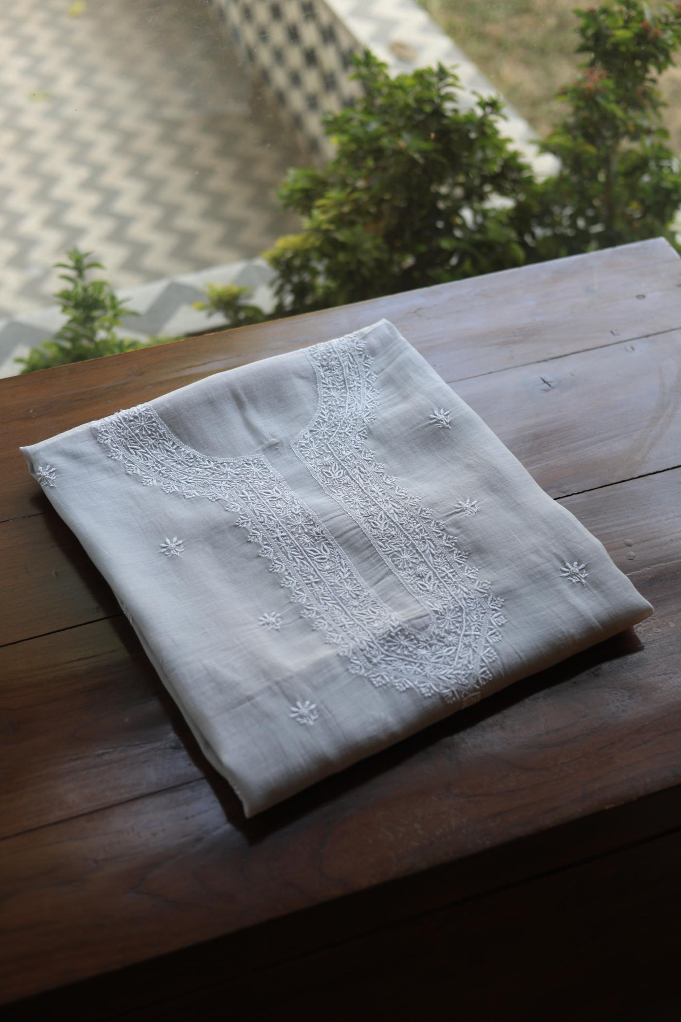 Grey Shade Mulmul Chikankari Unstitched Men's Kurtas Fabric