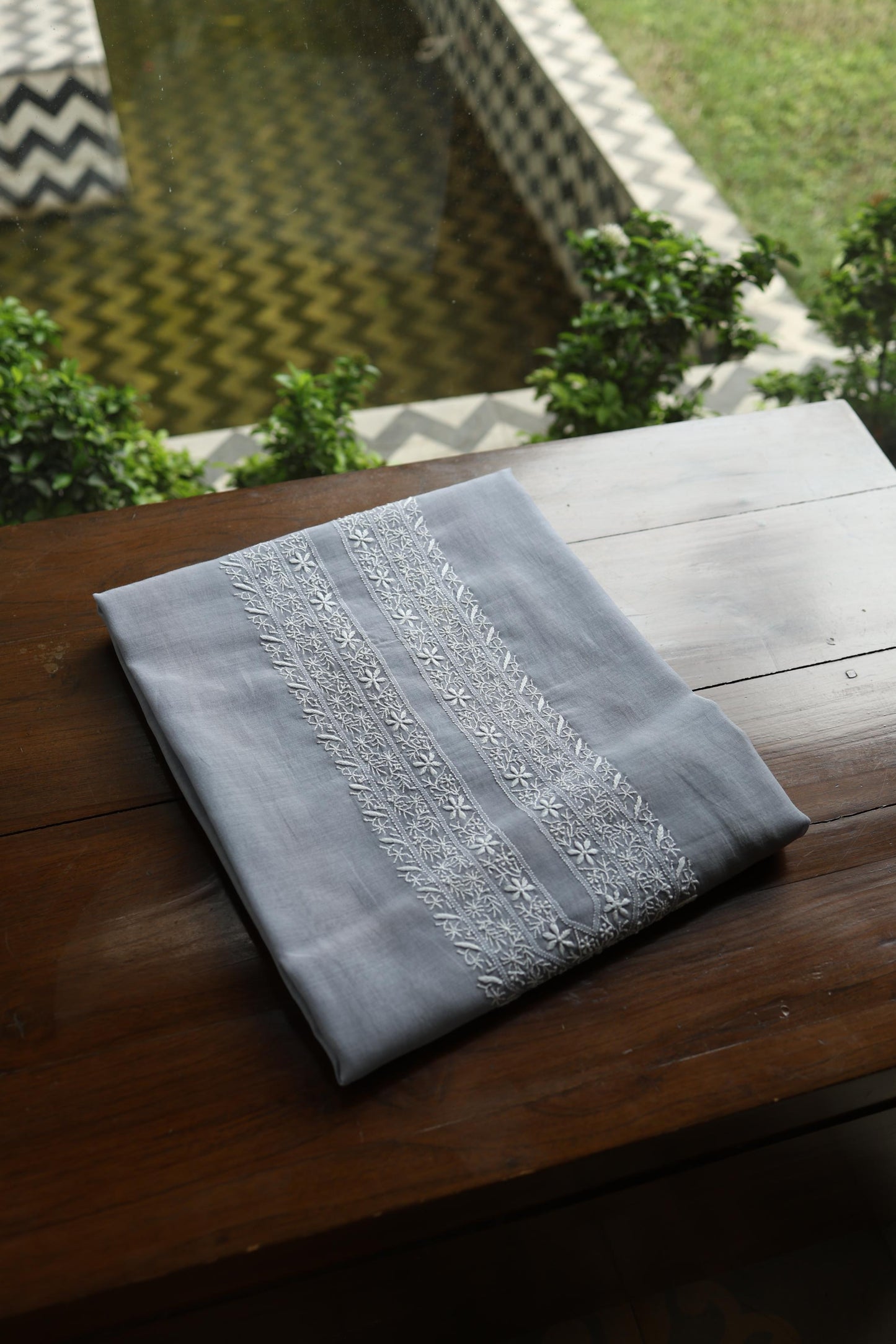 Grey Shade Mulmul Chikankari Unstitched Men's Kurtas Fabric