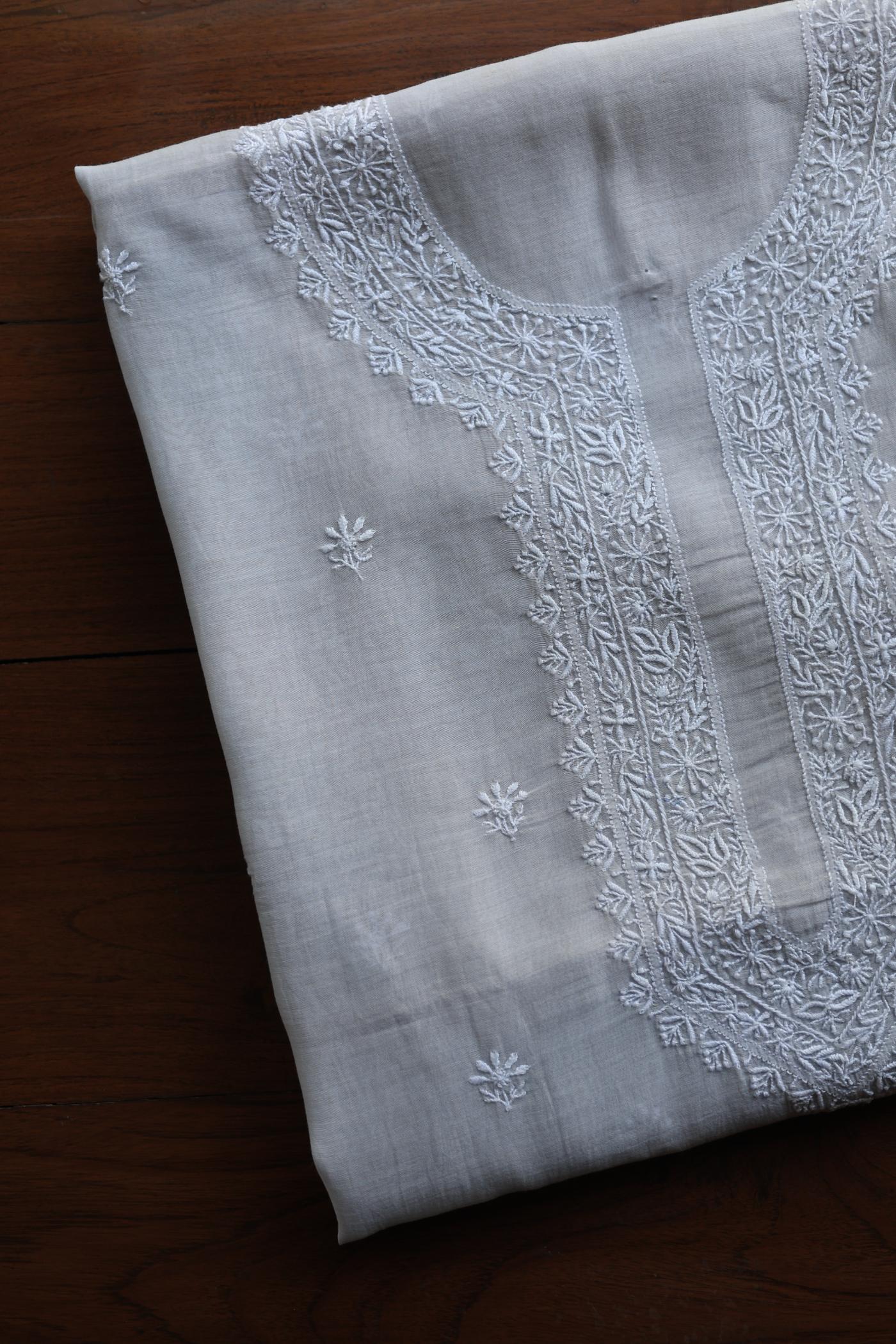 Grey Shade Mulmul Chikankari Unstitched Men's Kurtas Fabric