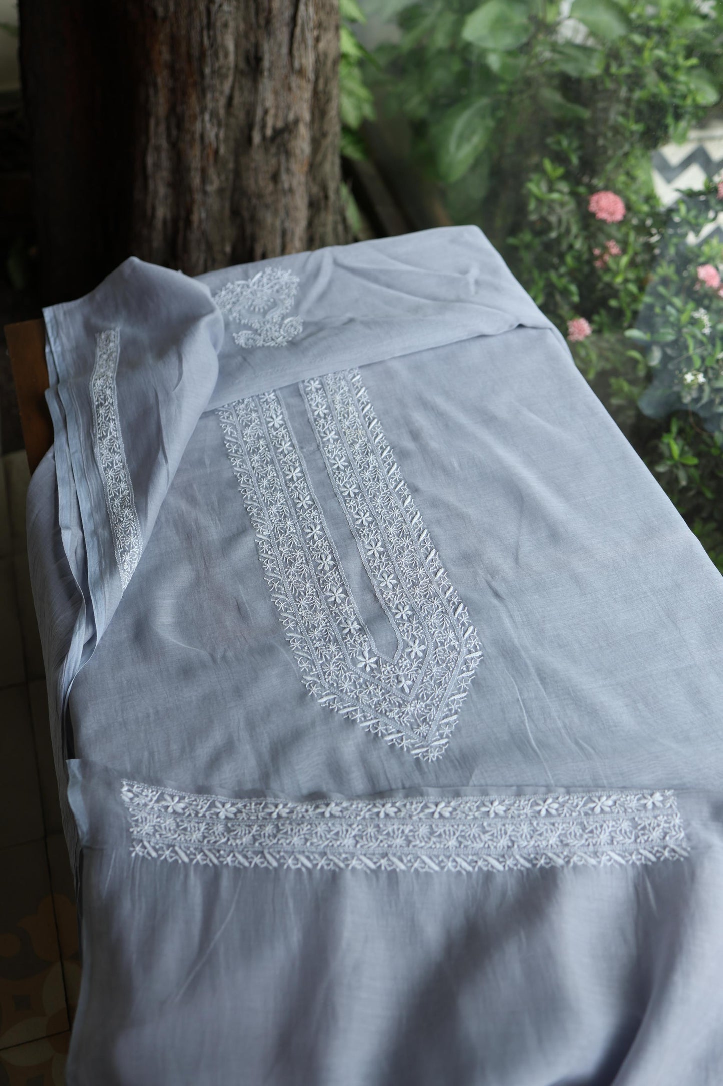 Grey Shade Mulmul Chikankari Unstitched Men's Kurtas Fabric